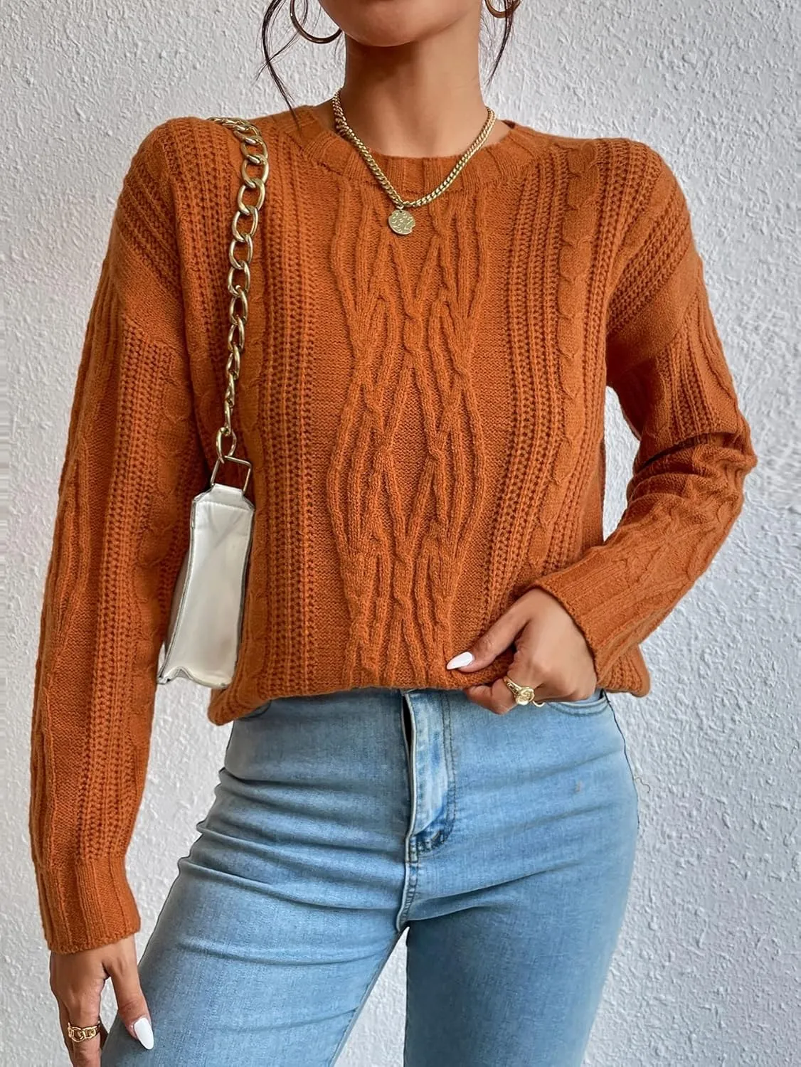 RFME Sweaters for Women Cable Knit Drop Shoulder Sweater Sweaters (Color : Brown, Size : Medium)