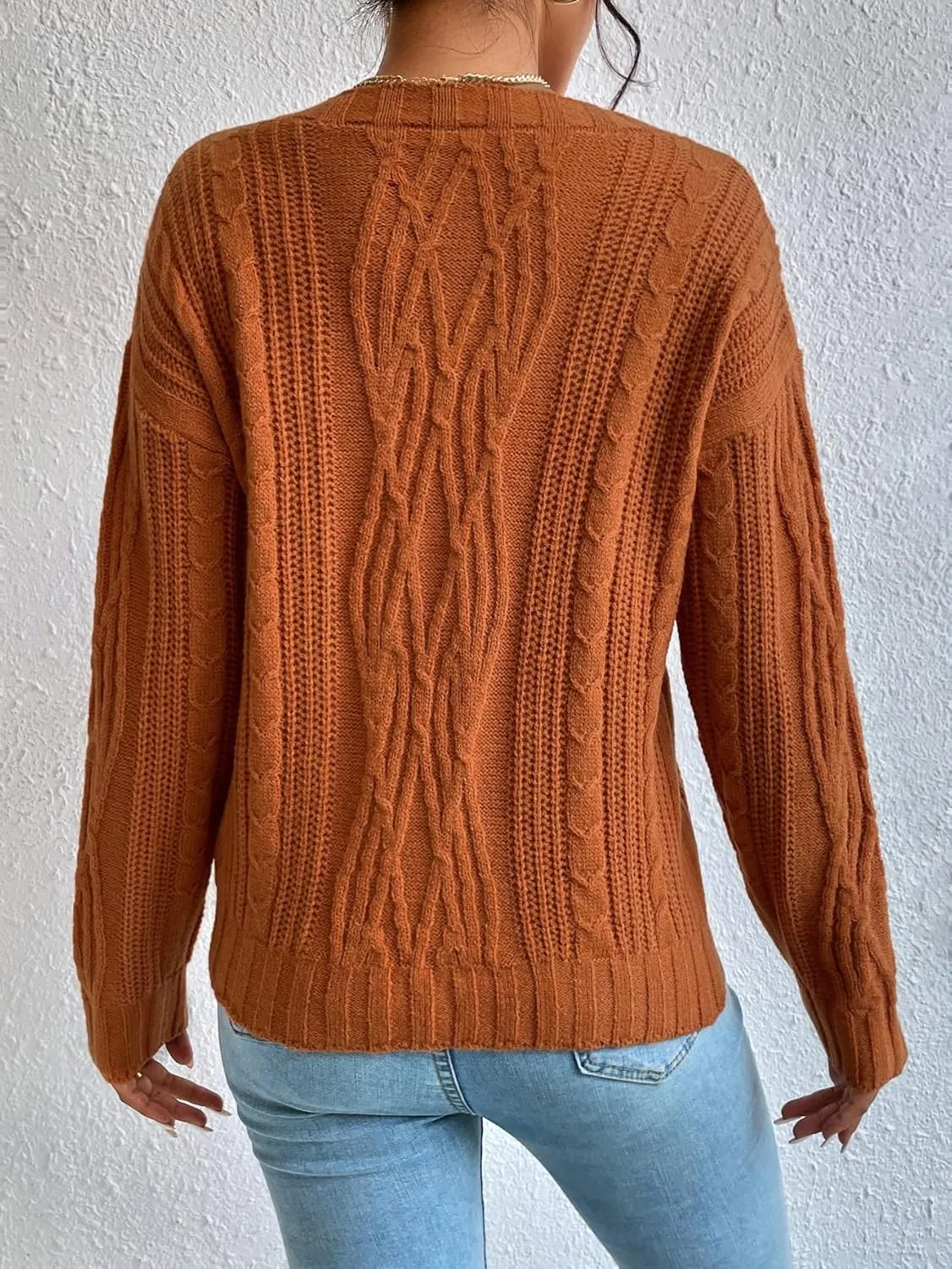 RFME Sweaters for Women Cable Knit Drop Shoulder Sweater Sweaters (Color : Brown, Size : Medium)