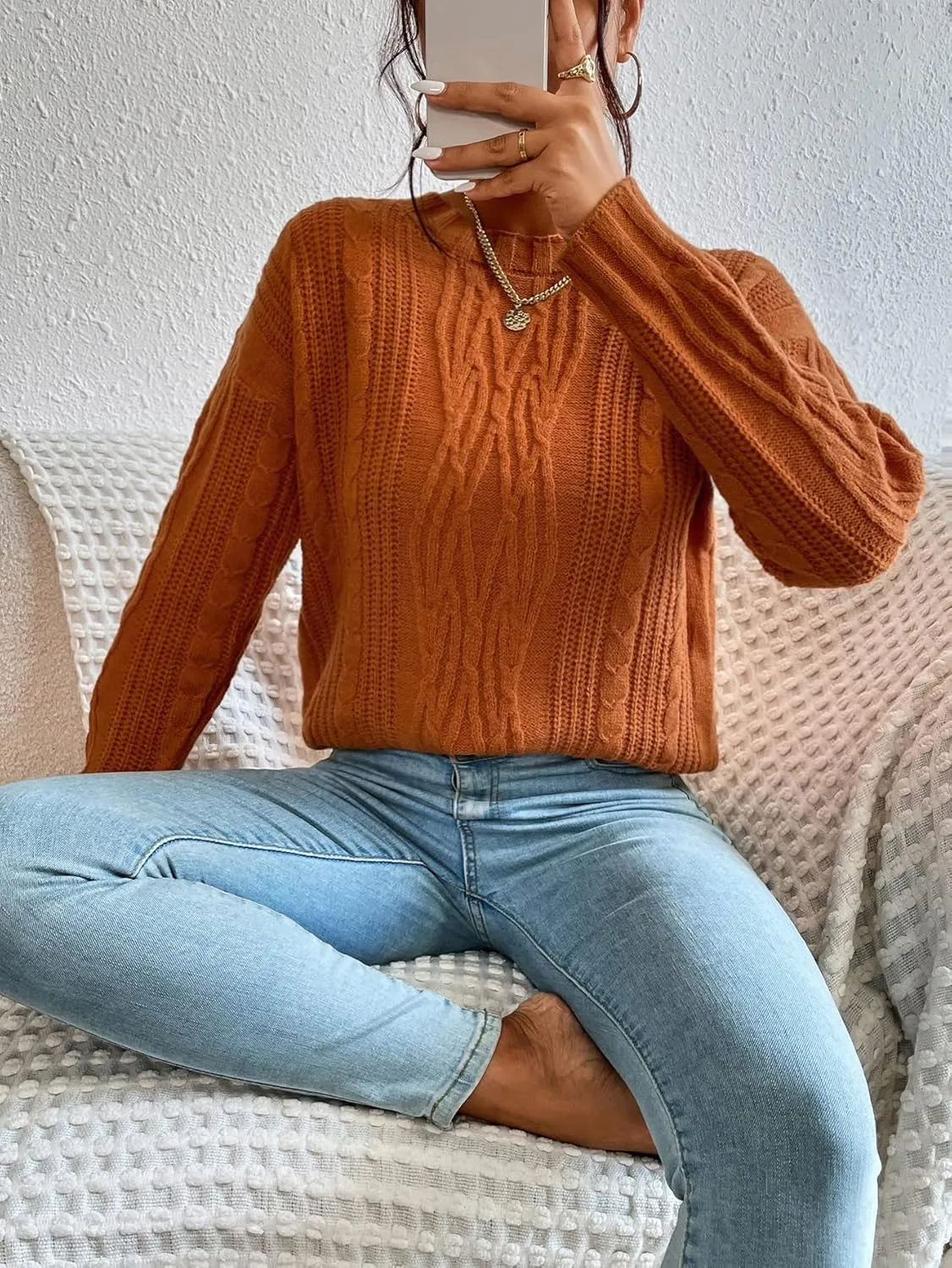 RFME Sweaters for Women Cable Knit Drop Shoulder Sweater Sweaters (Color : Brown, Size : Medium)