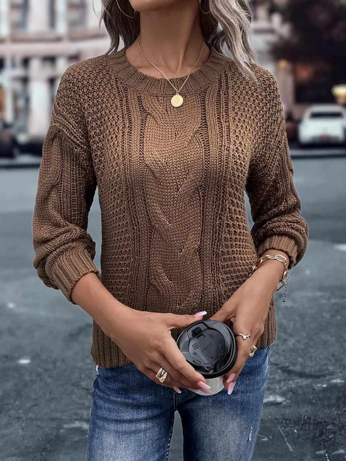 RFME Sweaters for Women Cable Knit Drop Shoulder Sweater Sweaters (Color : Brown, Size : Small)