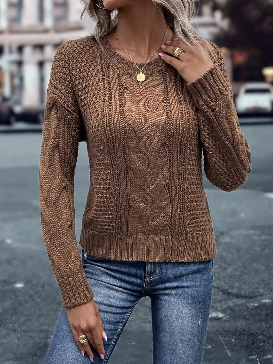 RFME Sweaters for Women Cable Knit Drop Shoulder Sweater Sweaters (Color : Brown, Size : Small)