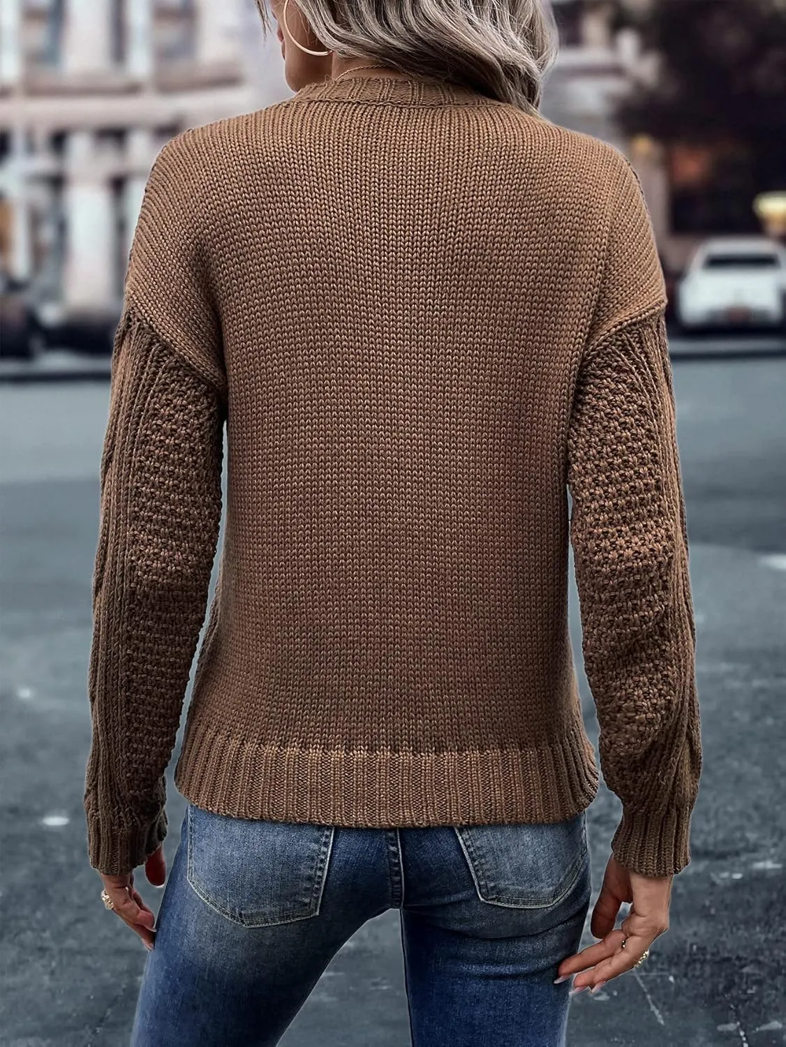 RFME Sweaters for Women Cable Knit Drop Shoulder Sweater Sweaters (Color : Brown, Size : Small)