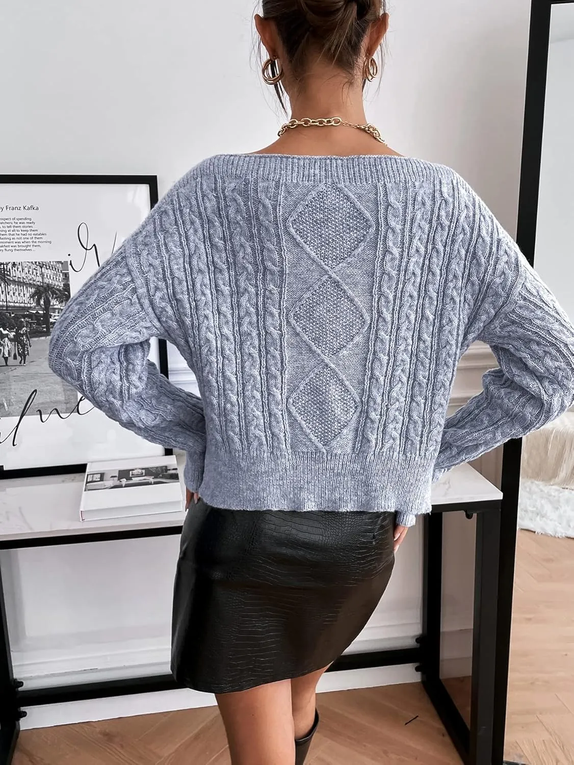 RFME Sweaters for Women Cable Knit Drop Shoulder Sweater Sweaters (Color : Gray, Size : Medium)