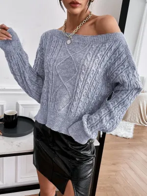 RFME Sweaters for Women Cable Knit Drop Shoulder Sweater Sweaters (Color : Gray, Size : Medium)