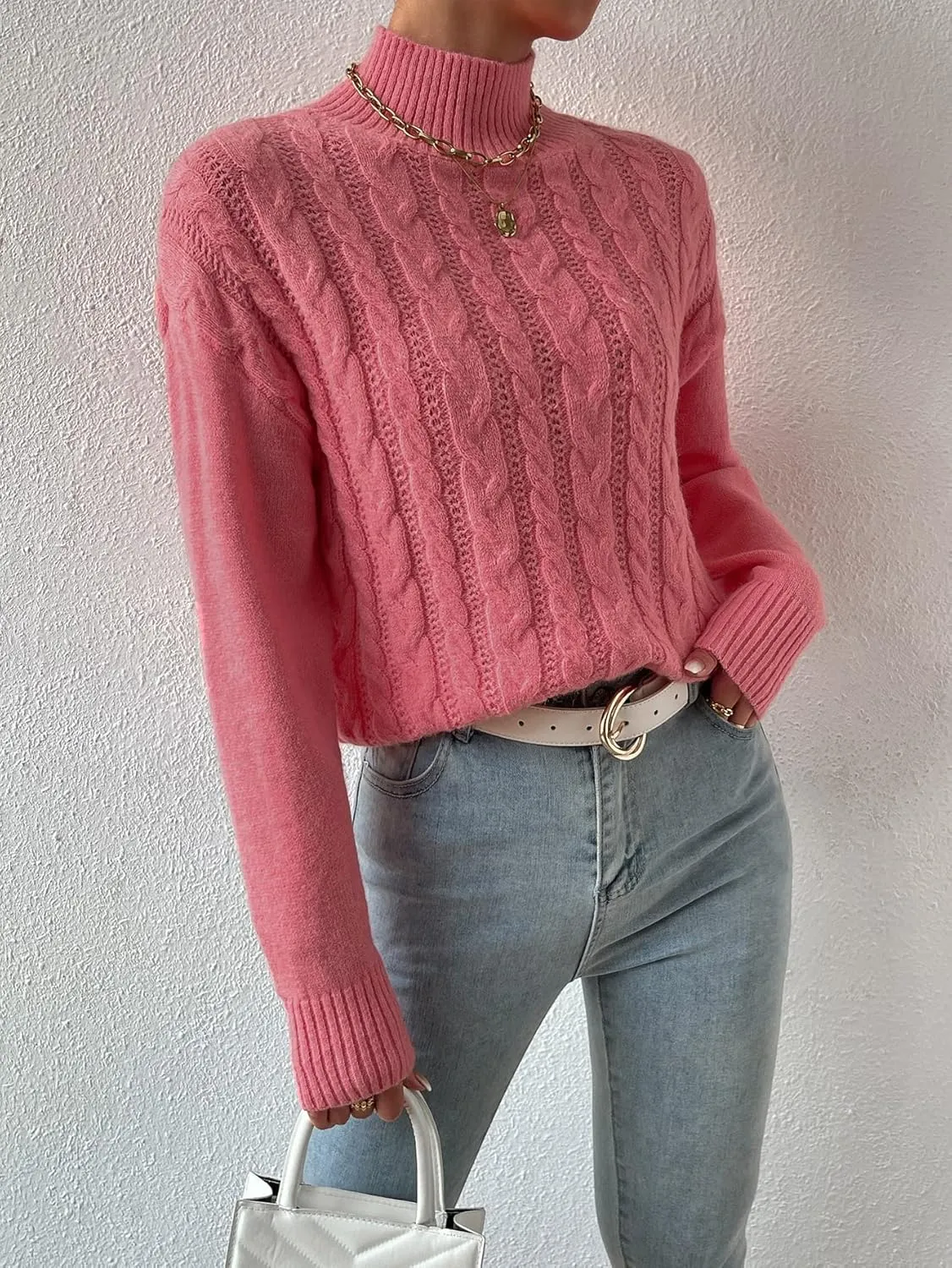 RFME Sweaters for Women Cable Knit Mock Neck Drop Shoulder Sweater Sweaters (Color : Pink, Size : Large)