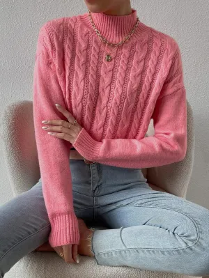 RFME Sweaters for Women Cable Knit Mock Neck Drop Shoulder Sweater Sweaters (Color : Pink, Size : Large)