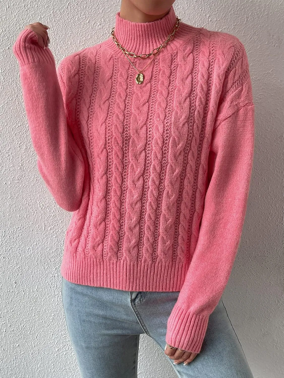 RFME Sweaters for Women Cable Knit Mock Neck Drop Shoulder Sweater Sweaters (Color : Pink, Size : Large)
