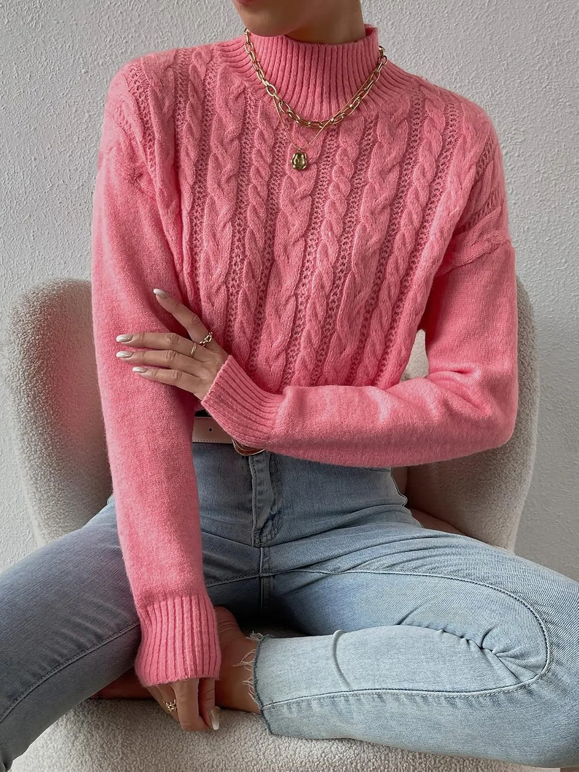 RFME Sweaters for Women Cable Knit Mock Neck Drop Shoulder Sweater Sweaters (Color : Pink, Size : Large)