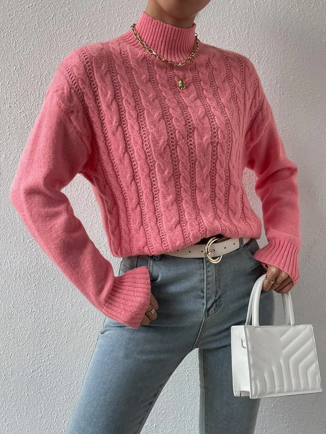 RFME Sweaters for Women Cable Knit Mock Neck Drop Shoulder Sweater Sweaters (Color : Pink, Size : Large)