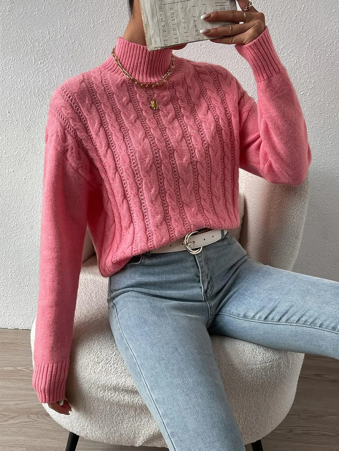 RFME Sweaters for Women Cable Knit Mock Neck Drop Shoulder Sweater Sweaters (Color : Pink, Size : Large)