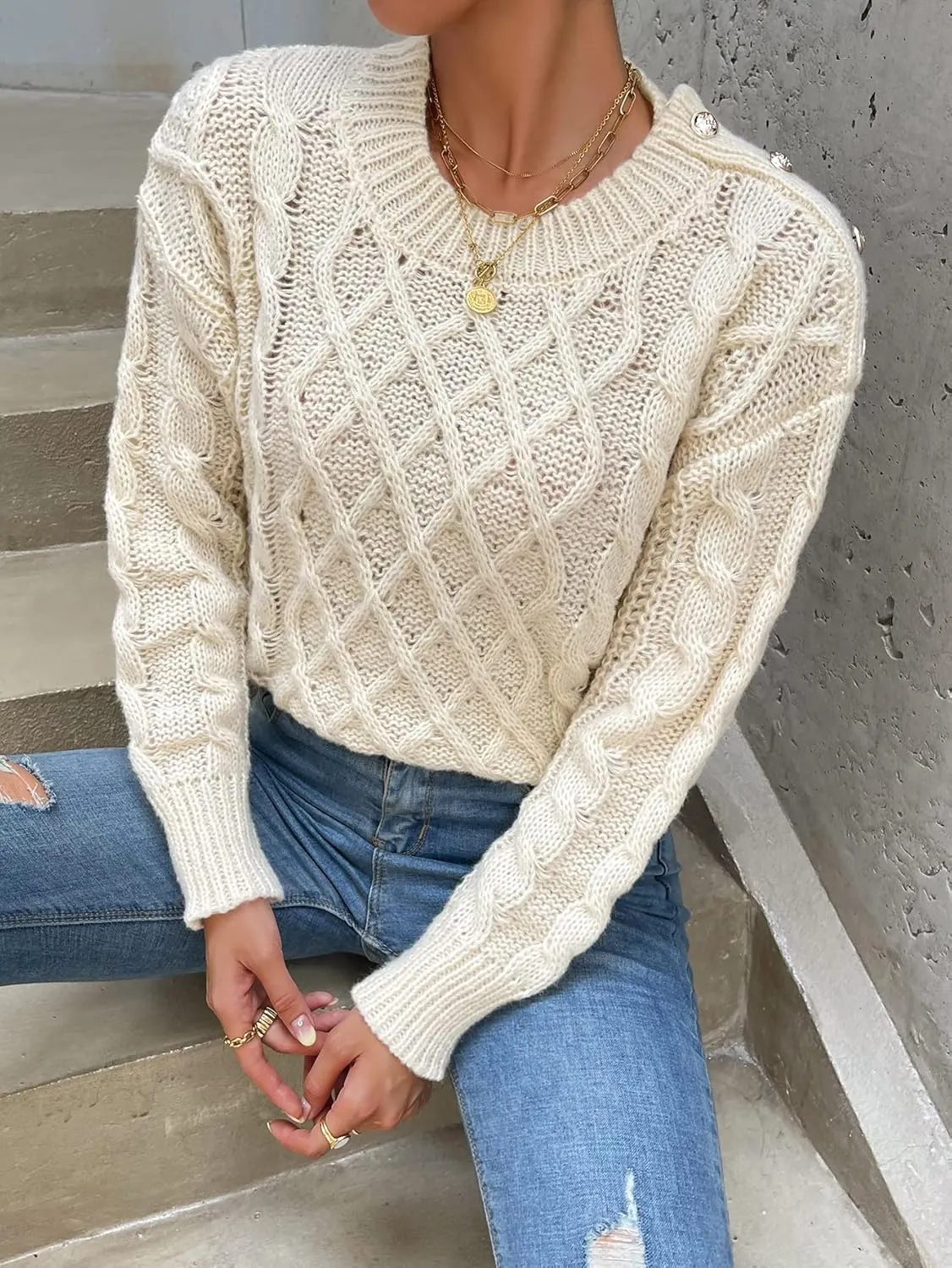 RFME Sweaters for Women Drop Shoulder Cable Knit Sweater Sweaters (Color : Apricot, Size : Small)