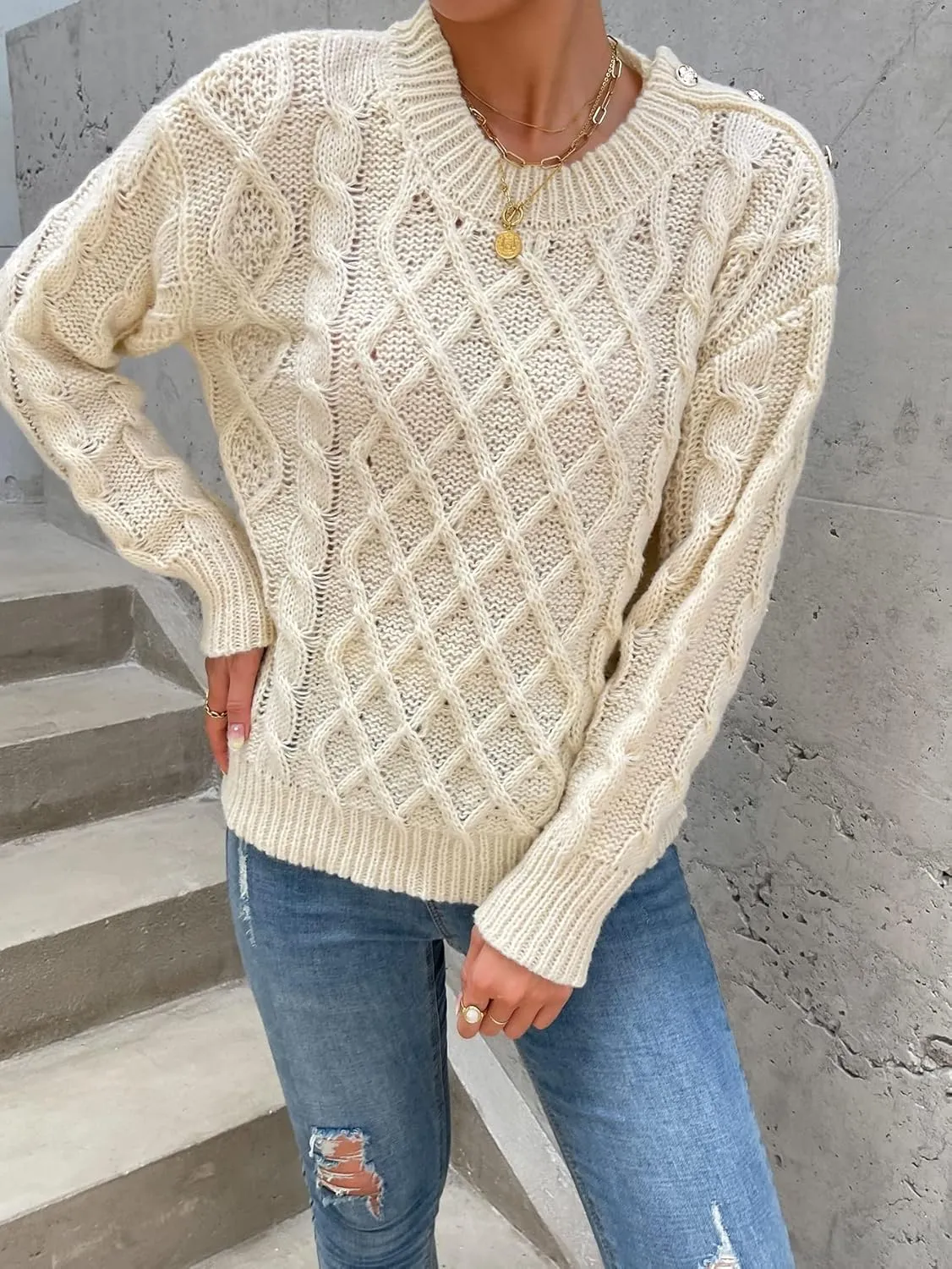RFME Sweaters for Women Drop Shoulder Cable Knit Sweater Sweaters (Color : Apricot, Size : Small)