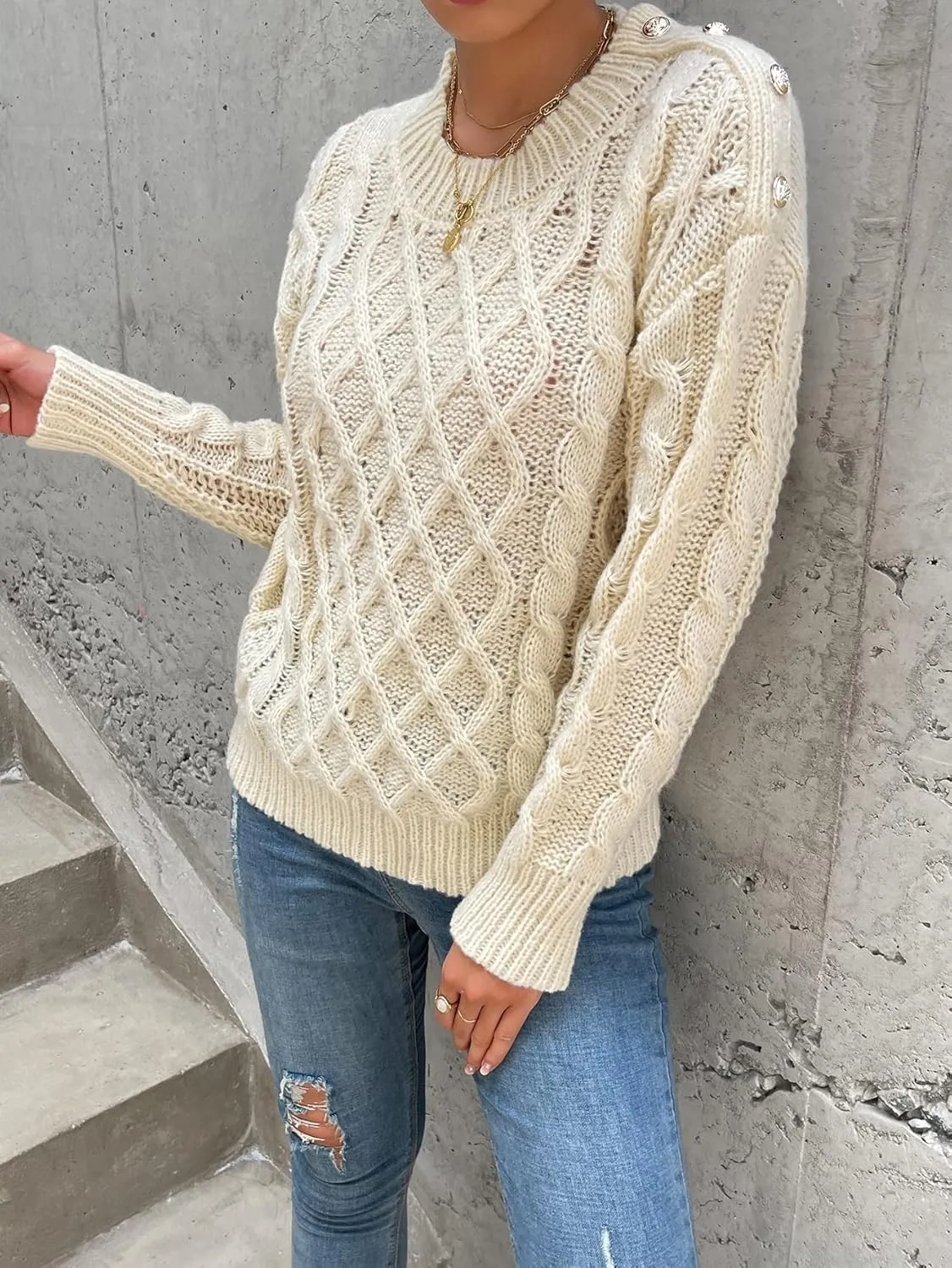 RFME Sweaters for Women Drop Shoulder Cable Knit Sweater Sweaters (Color : Apricot, Size : Small)