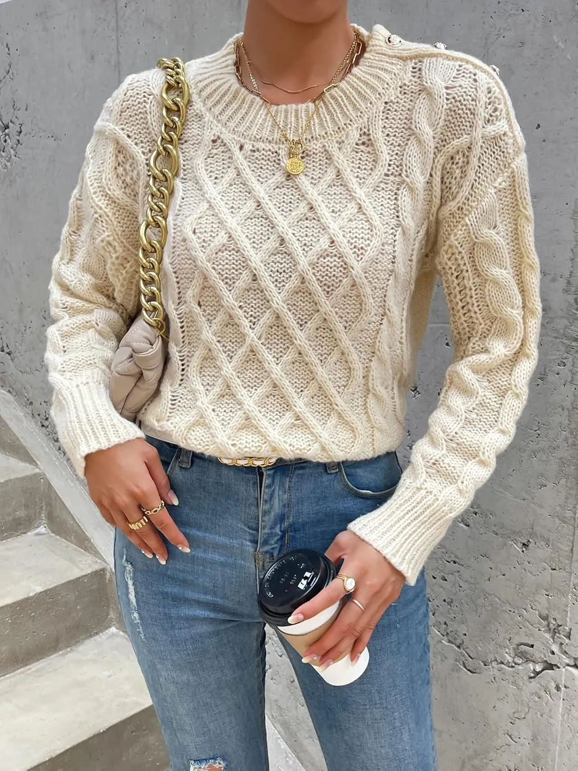 RFME Sweaters for Women Drop Shoulder Cable Knit Sweater Sweaters (Color : Apricot, Size : Small)