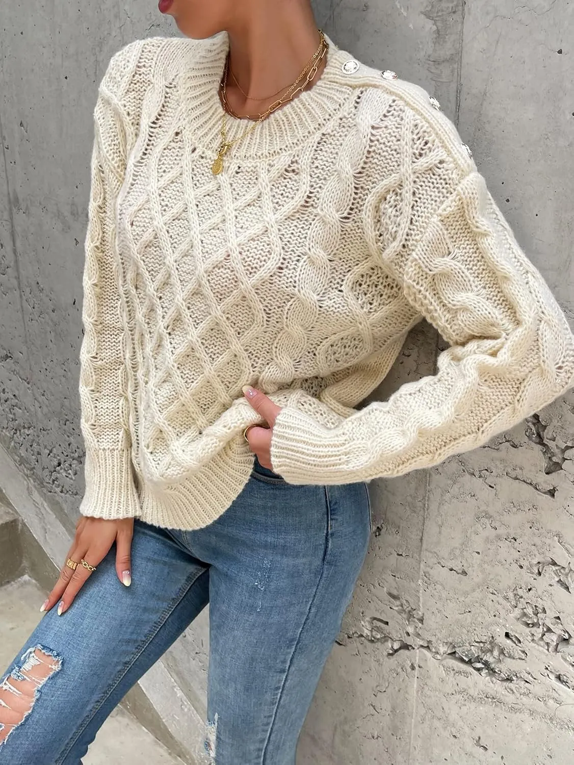 RFME Sweaters for Women Drop Shoulder Cable Knit Sweater Sweaters (Color : Apricot, Size : Small)