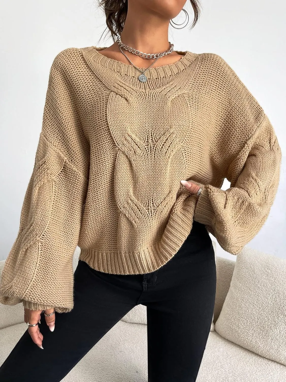 RFME Sweaters for Women Drop Shoulder Cable Knit Sweater Sweaters (Color : Khaki, Size : Medium)