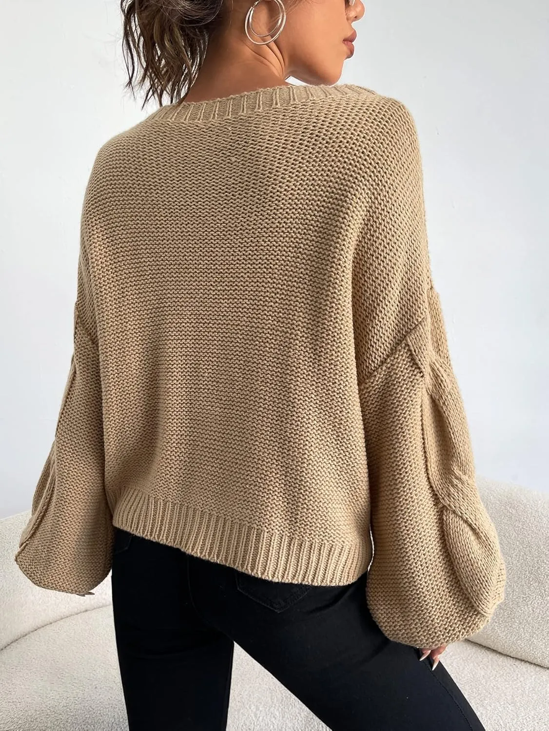 RFME Sweaters for Women Drop Shoulder Cable Knit Sweater Sweaters (Color : Khaki, Size : Medium)