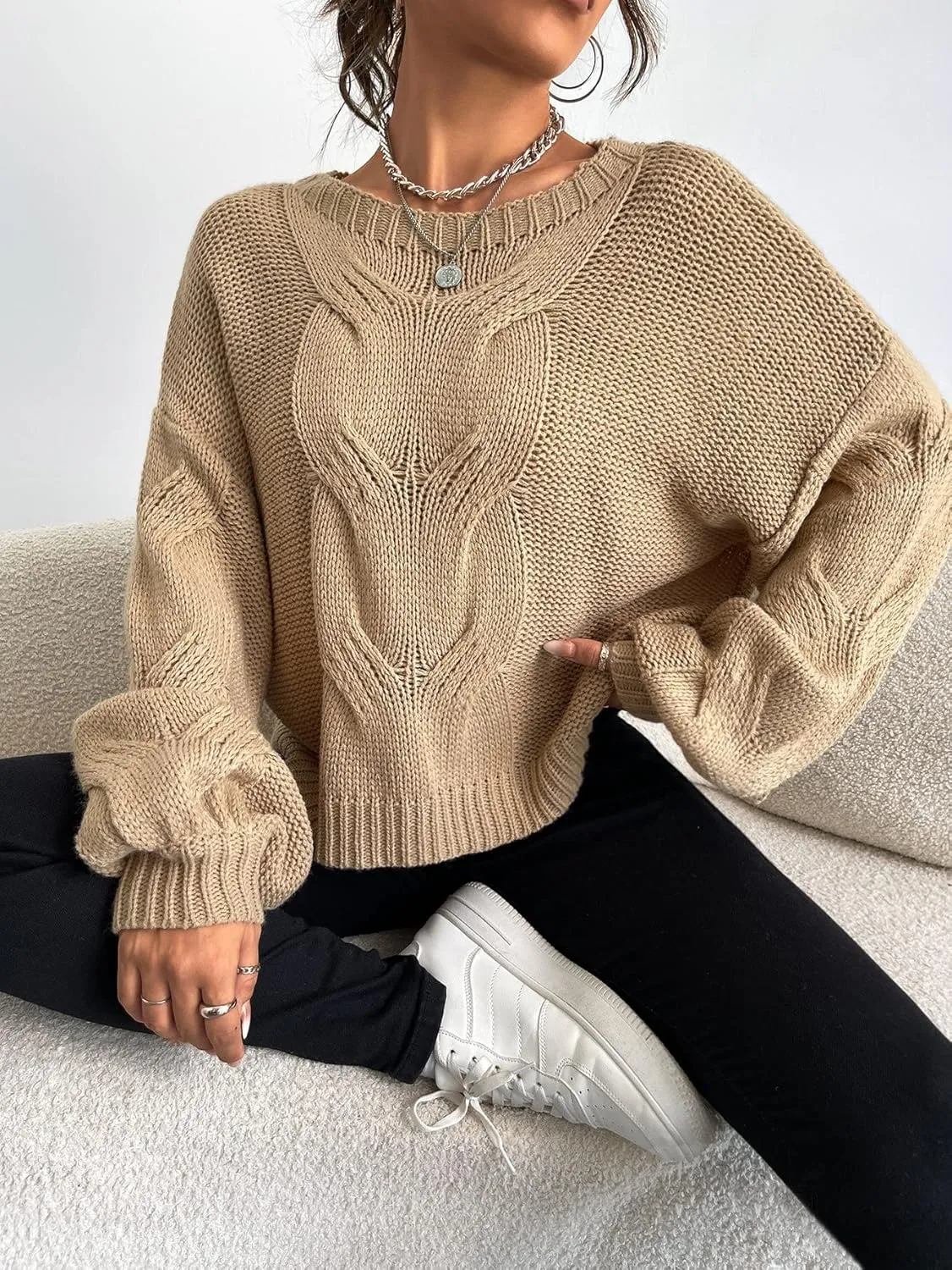 RFME Sweaters for Women Drop Shoulder Cable Knit Sweater Sweaters (Color : Khaki, Size : Medium)