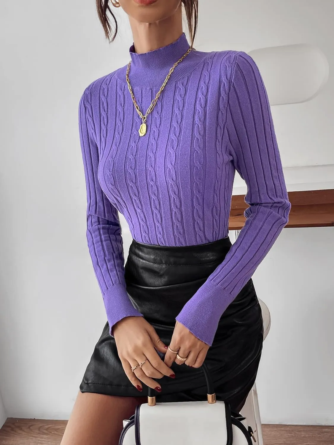RFME Sweaters for Women Mock Neck Cable Knit Sweater Sweaters (Color : Purple, Size : Small)
