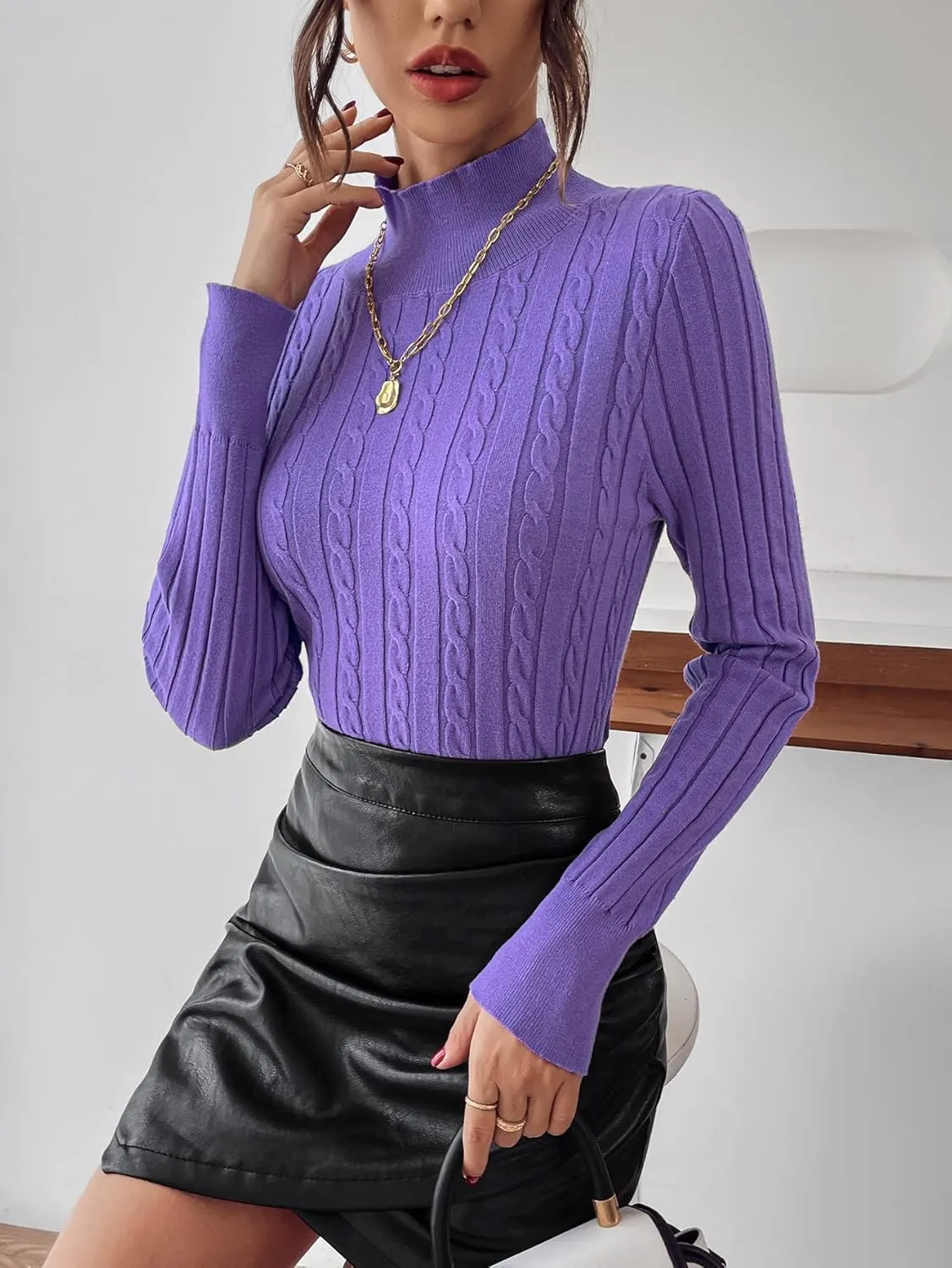 RFME Sweaters for Women Mock Neck Cable Knit Sweater Sweaters (Color : Purple, Size : Small)