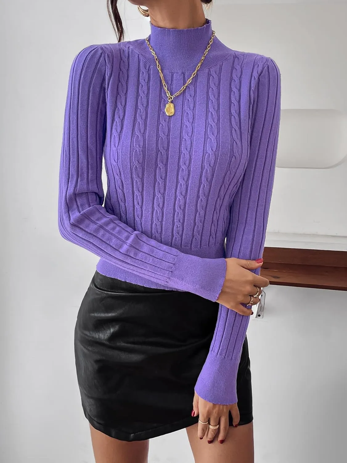 RFME Sweaters for Women Mock Neck Cable Knit Sweater Sweaters (Color : Purple, Size : Small)