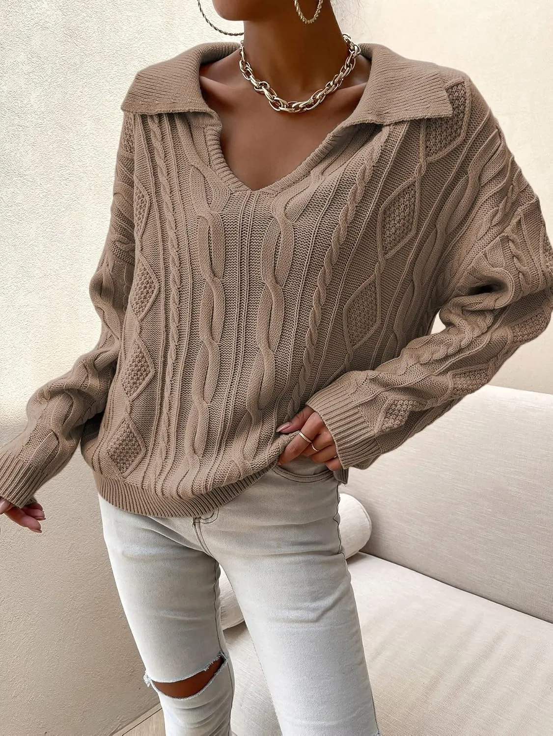 RFME Sweaters for Women -Neck Collared Cable Knit Sweater Sweaters (Color : Camel, Size : Small)