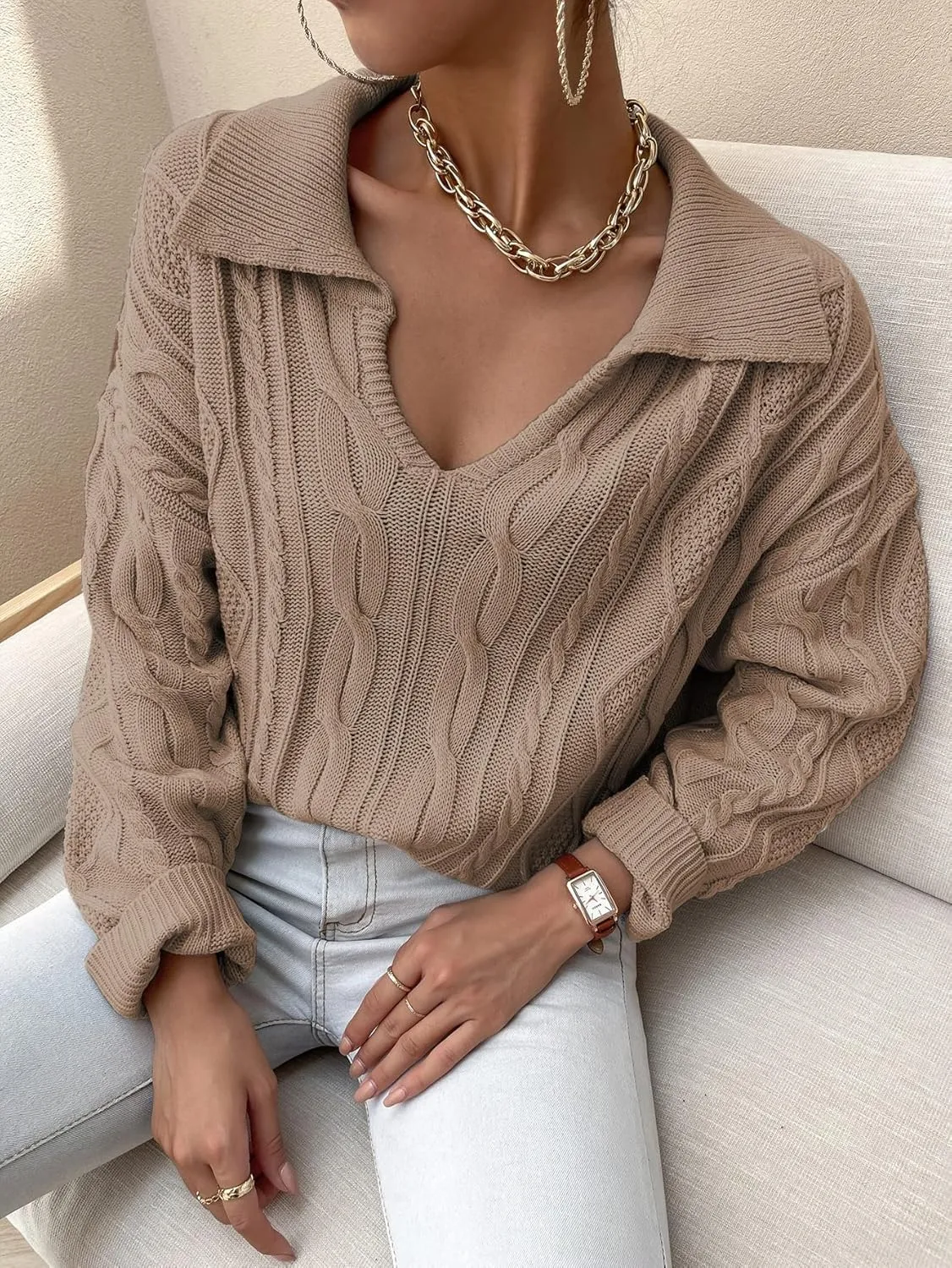 RFME Sweaters for Women -Neck Collared Cable Knit Sweater Sweaters (Color : Camel, Size : Small)