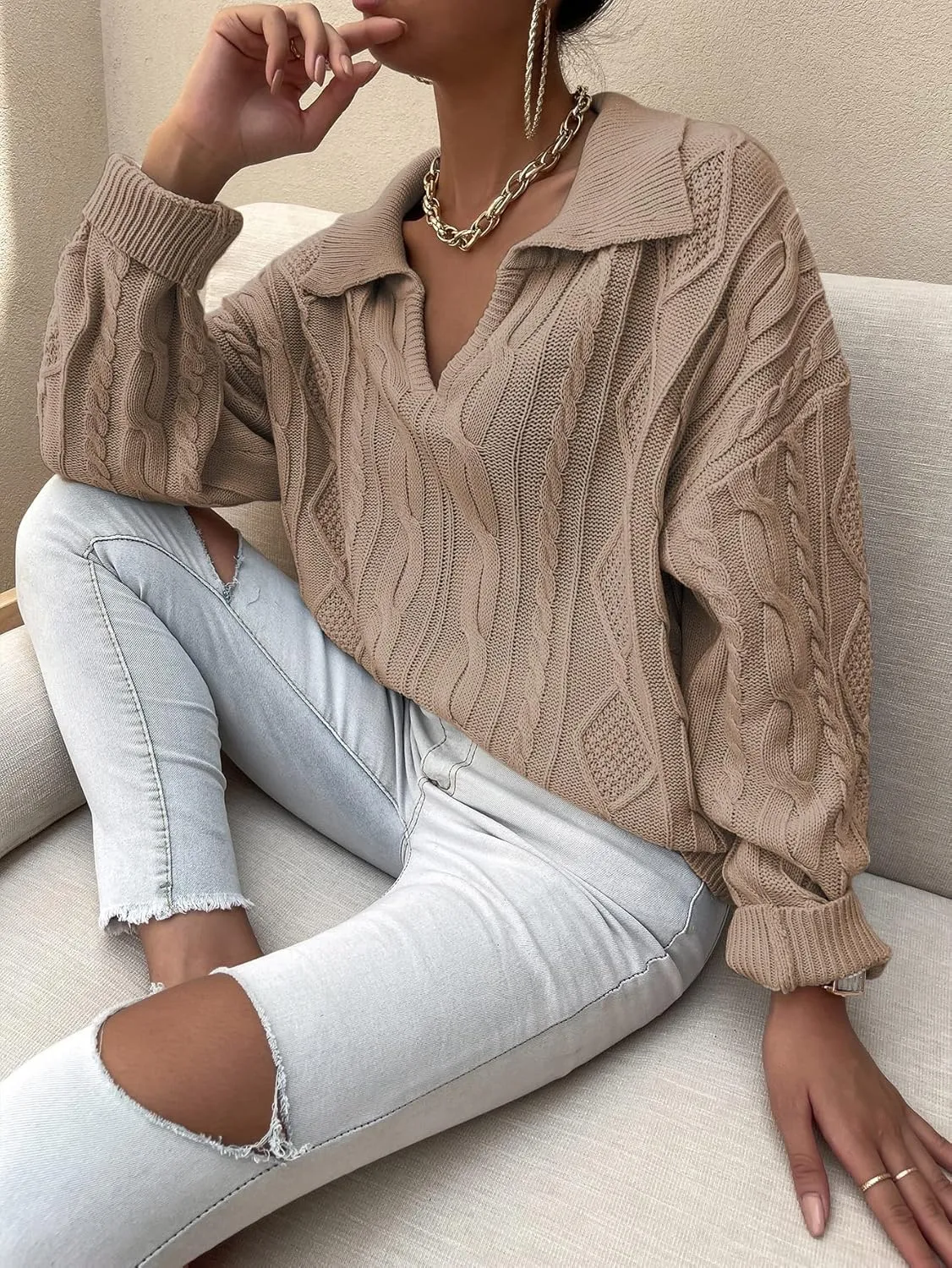 RFME Sweaters for Women -Neck Collared Cable Knit Sweater Sweaters (Color : Camel, Size : Small)