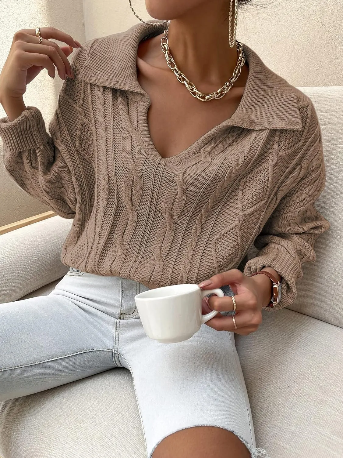 RFME Sweaters for Women -Neck Collared Cable Knit Sweater Sweaters (Color : Camel, Size : Small)