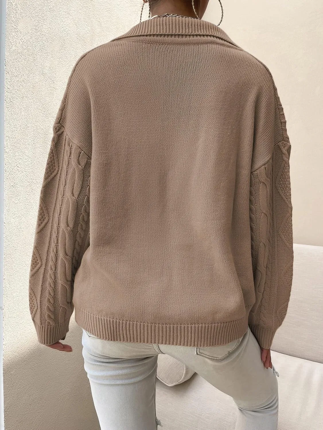 RFME Sweaters for Women -Neck Collared Cable Knit Sweater Sweaters (Color : Camel, Size : Small)