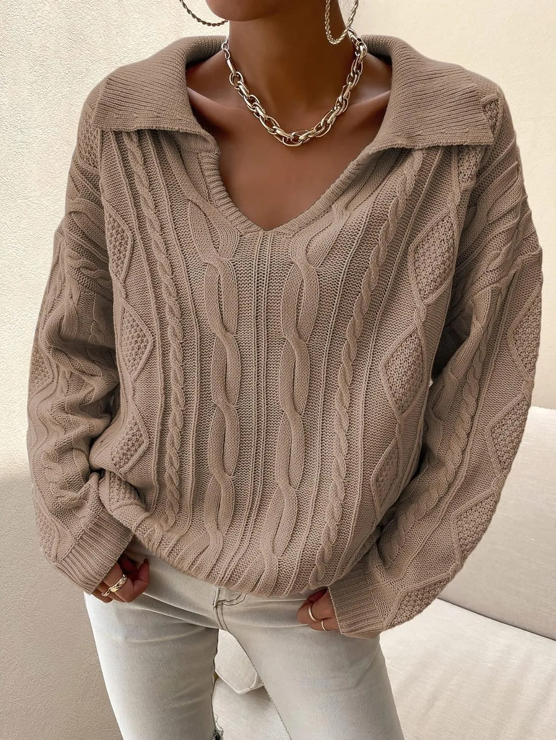 RFME Sweaters for Women -Neck Collared Cable Knit Sweater Sweaters (Color : Camel, Size : Small)