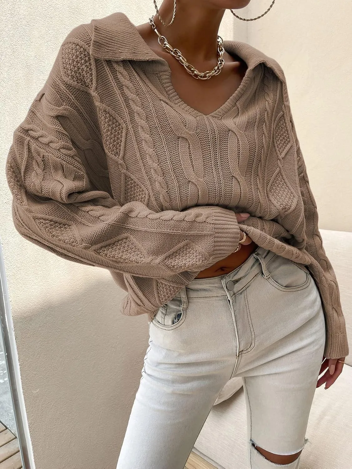 RFME Sweaters for Women -Neck Collared Cable Knit Sweater Sweaters (Color : Camel, Size : Small)