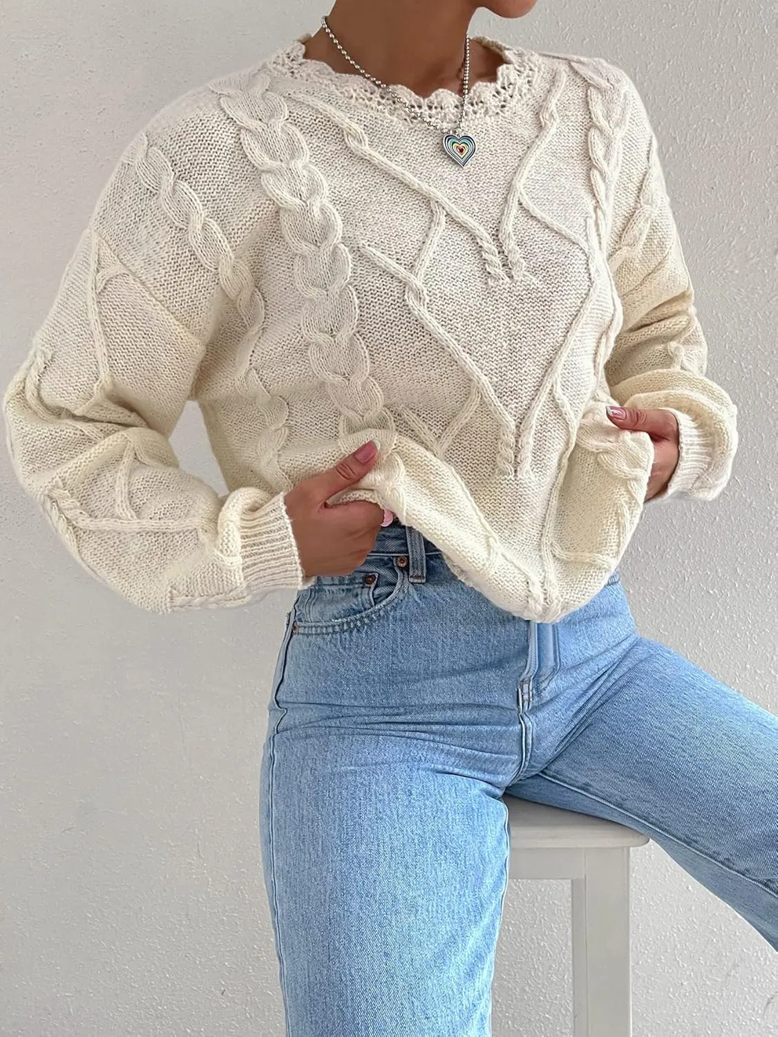 RFME Sweaters for Women Scallop Trim Cable Knit Drop Shoulder Sweater Sweaters (Color : Beige, Size : Medium)