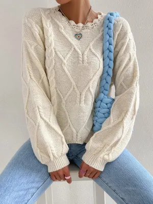 RFME Sweaters for Women Scallop Trim Cable Knit Drop Shoulder Sweater Sweaters (Color : Beige, Size : Medium)