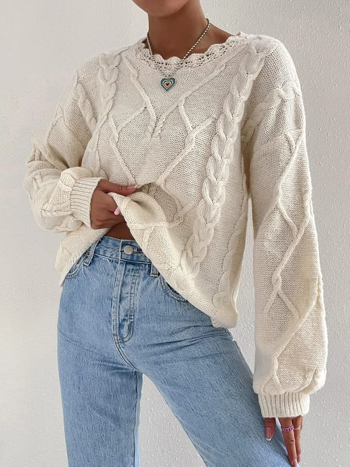 RFME Sweaters for Women Scallop Trim Cable Knit Drop Shoulder Sweater Sweaters (Color : Beige, Size : Medium)