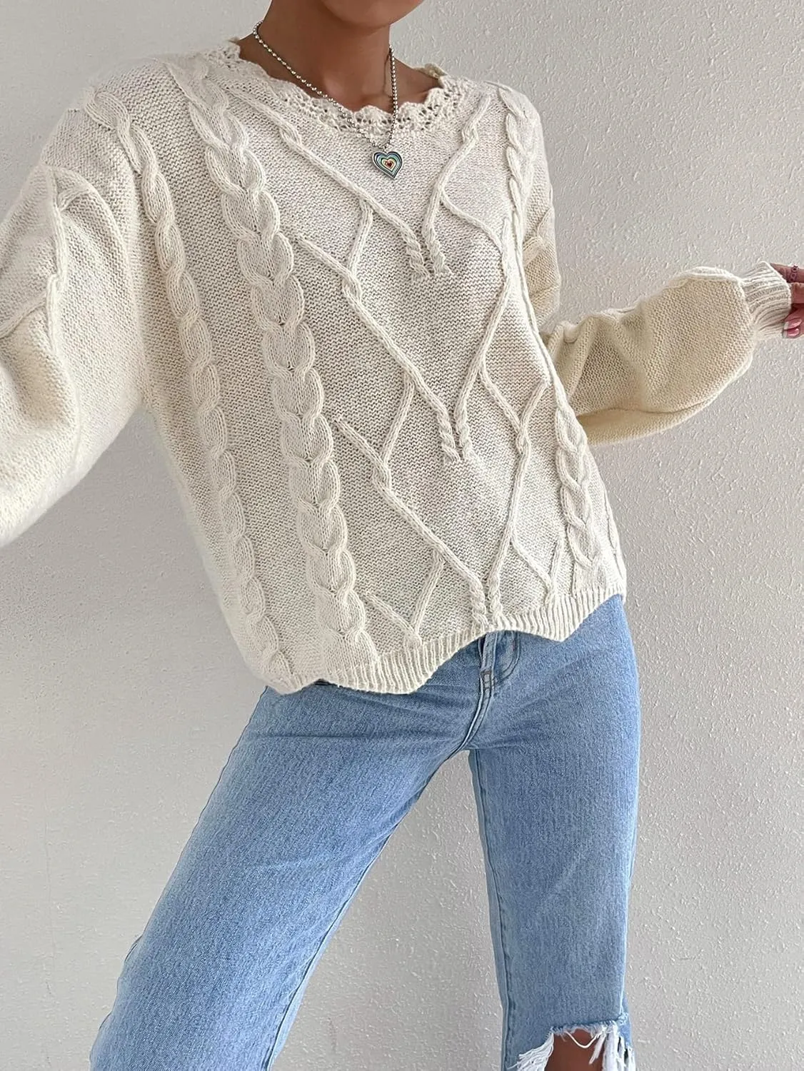 RFME Sweaters for Women Scallop Trim Cable Knit Drop Shoulder Sweater Sweaters (Color : Beige, Size : Medium)