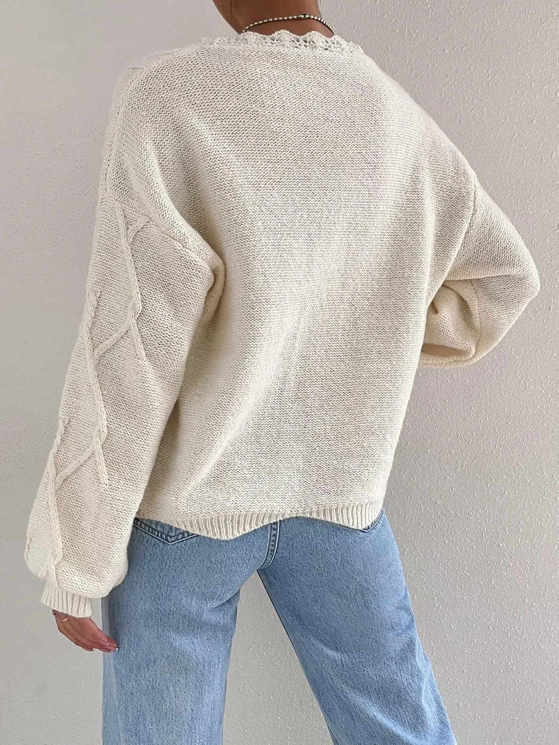 RFME Sweaters for Women Scallop Trim Cable Knit Drop Shoulder Sweater Sweaters (Color : Beige, Size : Medium)
