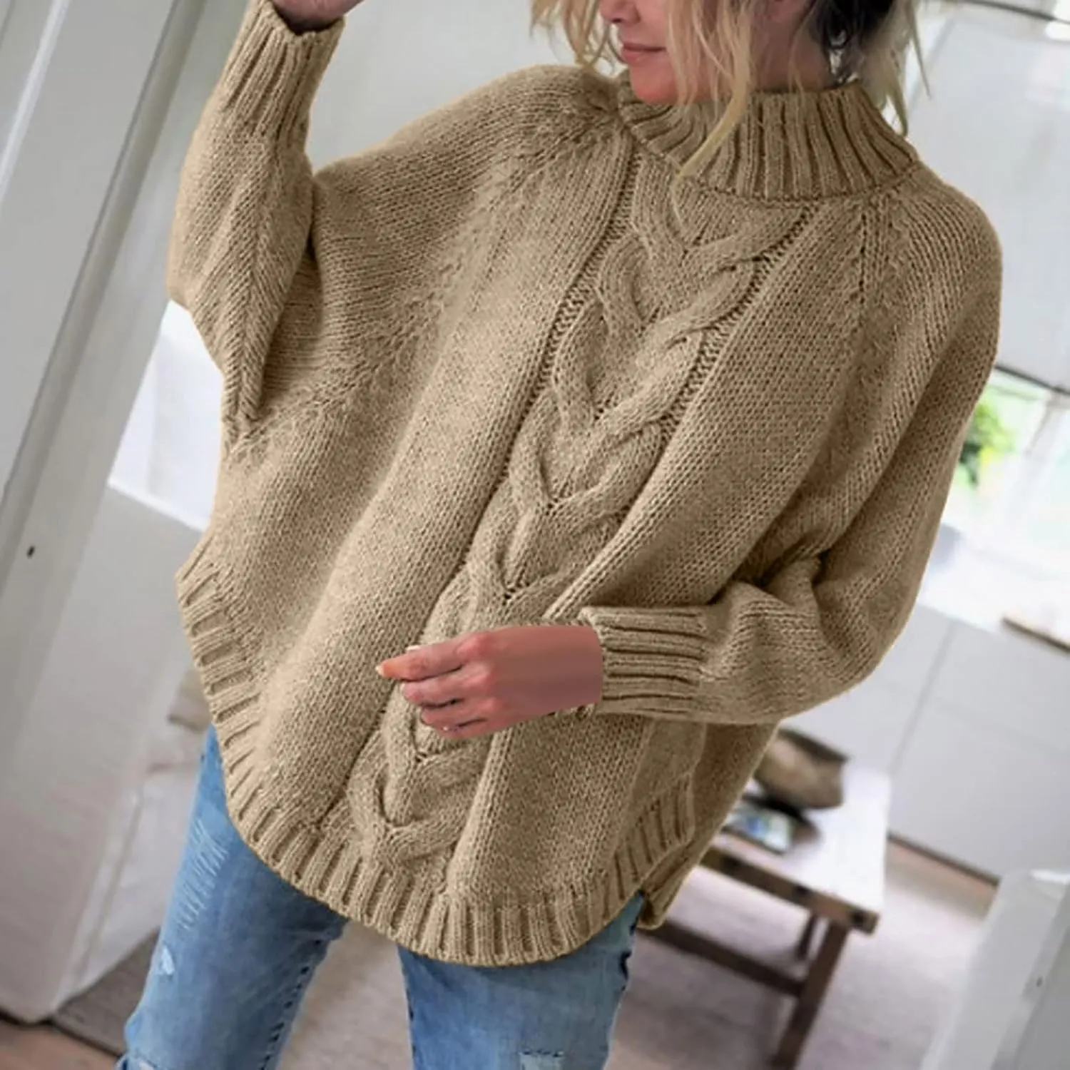 Ribbed Knit Sweaters for Women Long Sleeve Turtleneck Sweater Winter Fashion Tops Solid Color Sweater Blouse