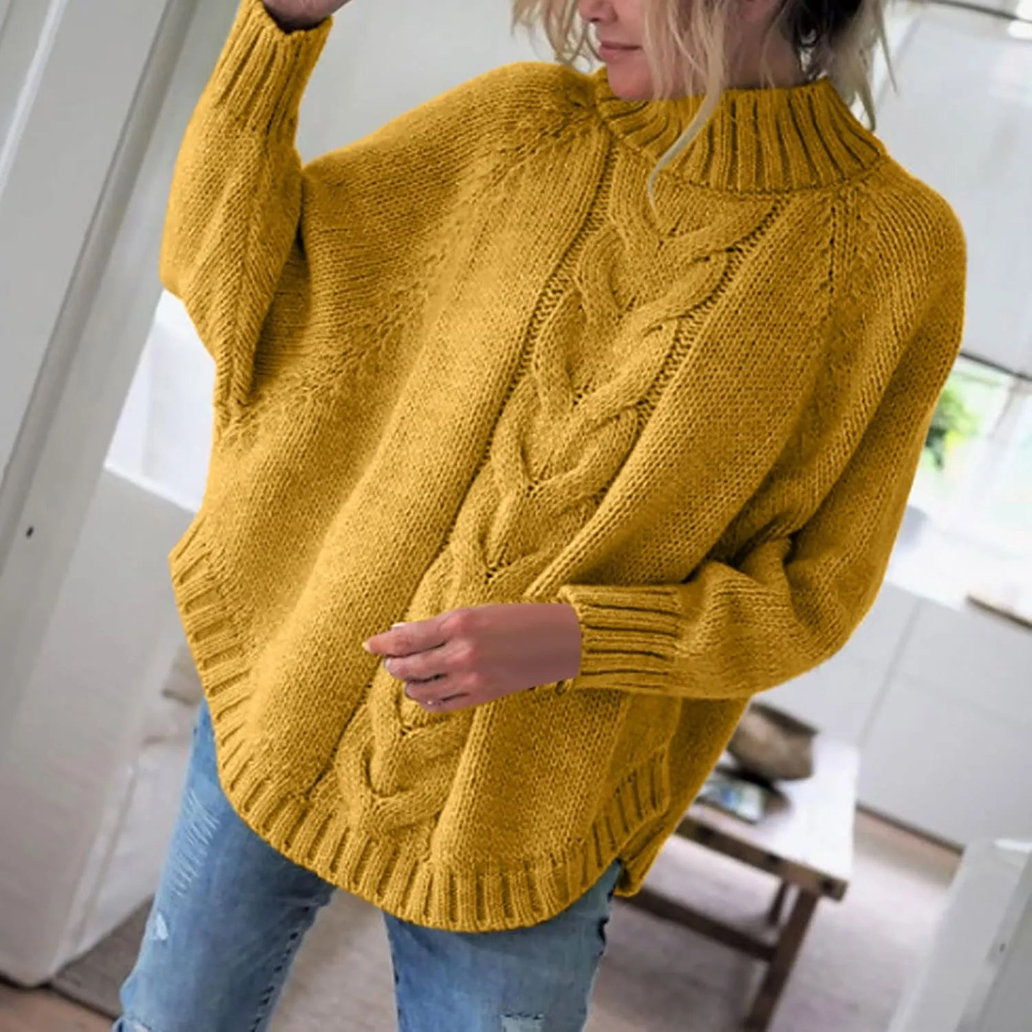 Ribbed Knit Sweaters for Women Long Sleeve Turtleneck Sweater Winter Fashion Tops Solid Color Sweater Blouse