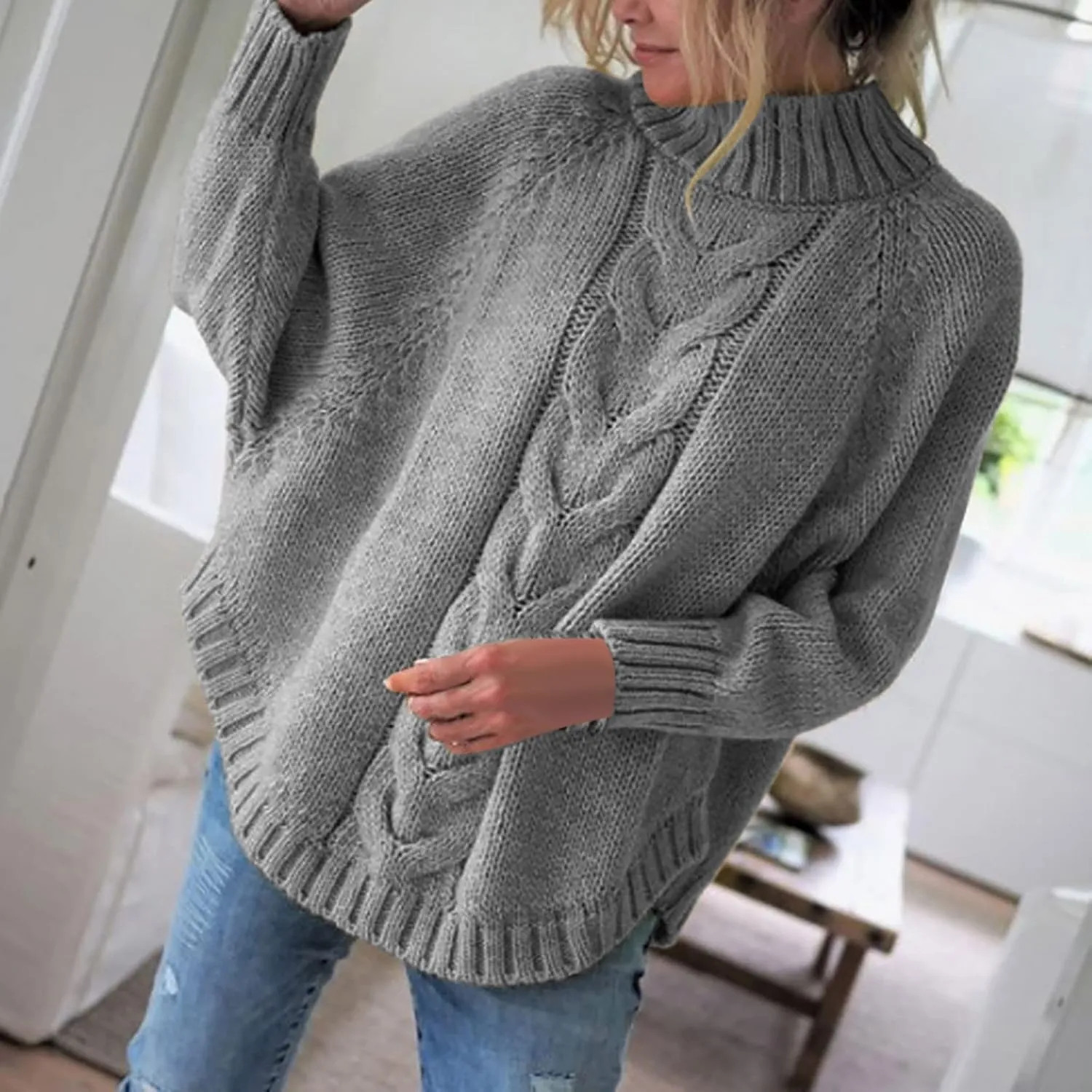 Ribbed Knit Sweaters for Women Long Sleeve Turtleneck Sweater Winter Fashion Tops Solid Color Sweater Blouse