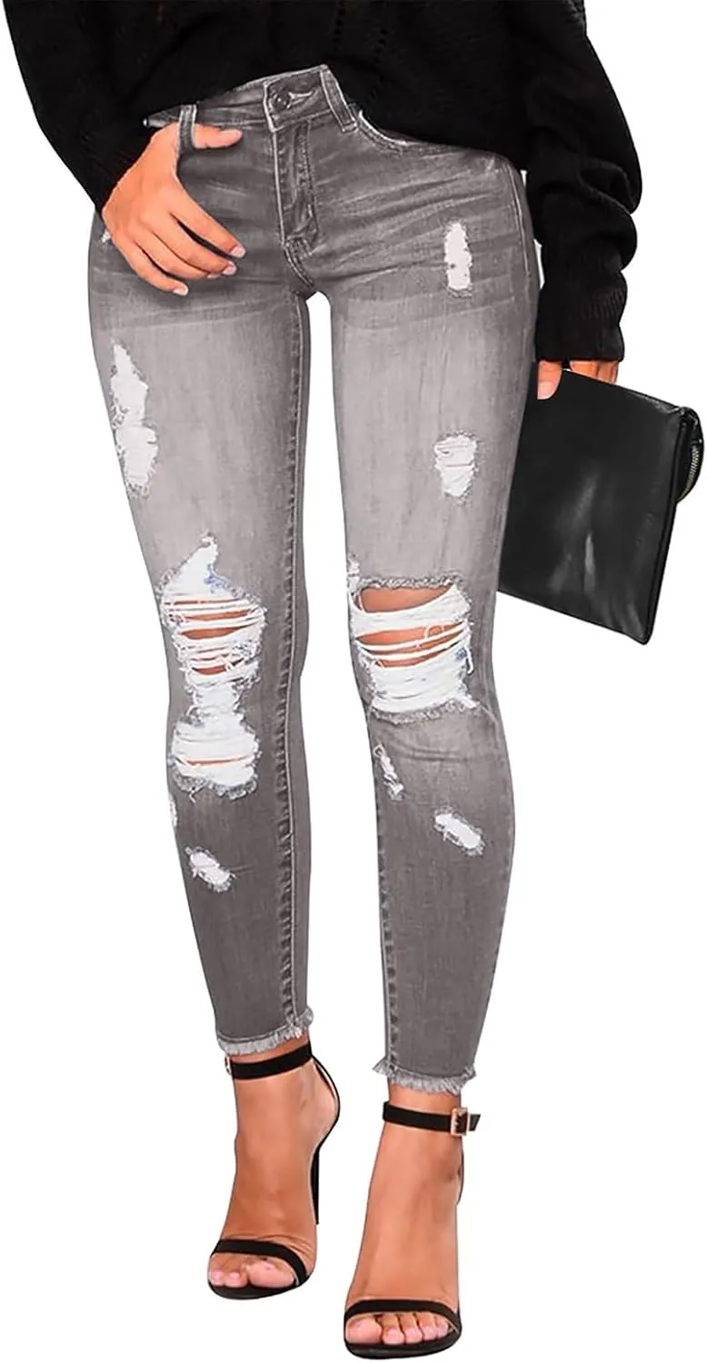 Ripped Jeans Womens Fall Fashion 2024 Trendy Stretchy Skinny Jeans Boyfriend Distressed Jeans Destroyed Denim Jeggings