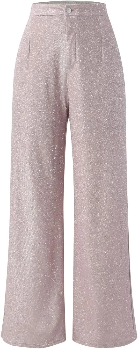 Rvidbe Sequin Pants Women,Fashion Solid Color Shimmer High Waist Button Wide Leg Trousers Elegant Straight Leg Baggy Trousers