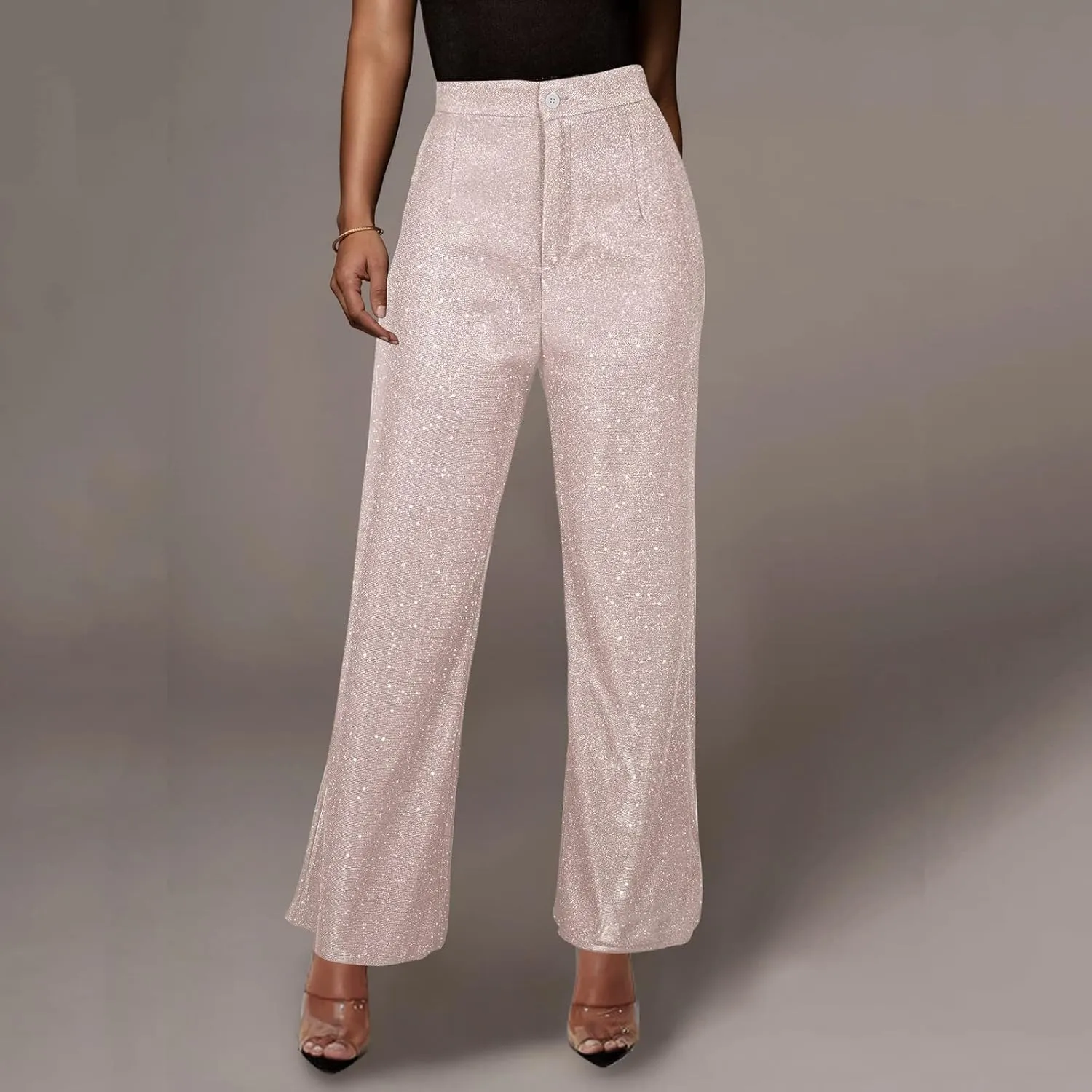 Rvidbe Sequin Pants Women,Fashion Solid Color Shimmer High Waist Button Wide Leg Trousers Elegant Straight Leg Baggy Trousers
