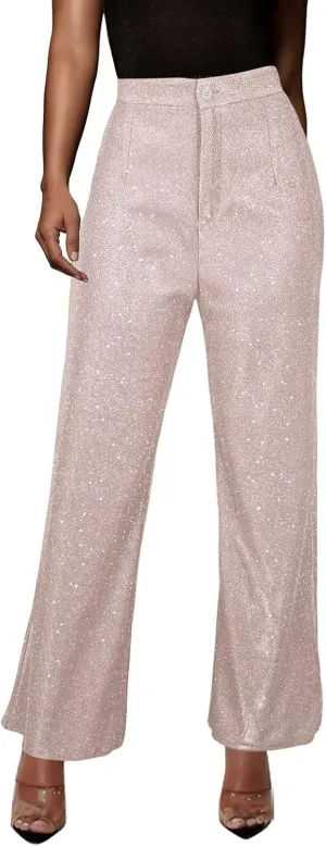 Rvidbe Sequin Pants Women,Fashion Solid Color Shimmer High Waist Button Wide Leg Trousers Elegant Straight Leg Baggy Trousers