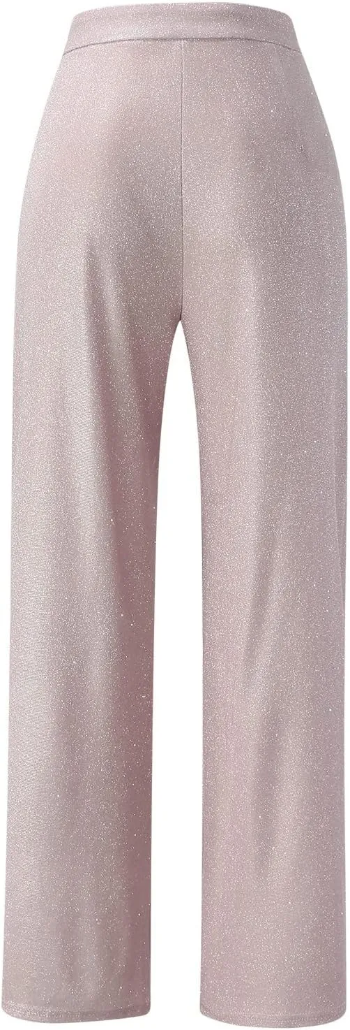 Rvidbe Sequin Pants Women,Fashion Solid Color Shimmer High Waist Button Wide Leg Trousers Elegant Straight Leg Baggy Trousers