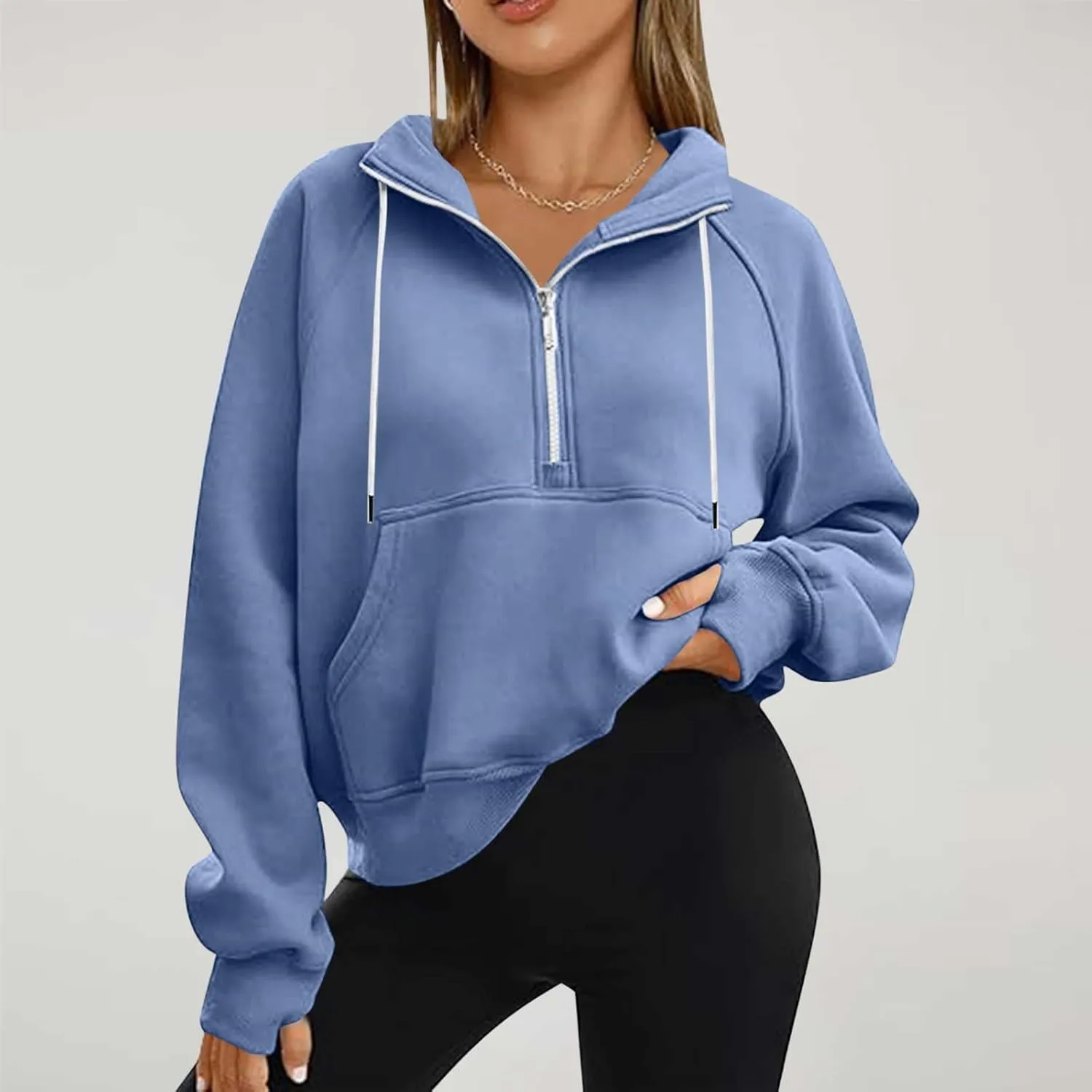SEAOPEN Half Zip Sweatshirts Women Cropped Hoodies Long Sleeve Drawstring Pullover Top Fall Fleece Jackets with Pocket