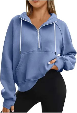 SEAOPEN Half Zip Sweatshirts Women Cropped Hoodies Long Sleeve Drawstring Pullover Top Fall Fleece Jackets with Pocket