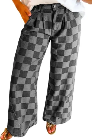 SELINK High Waisted Checkered Jeans for Women Casual Plaid Wide Leg Denim Jeans with Pockets Shift Trendy Daily Jeans