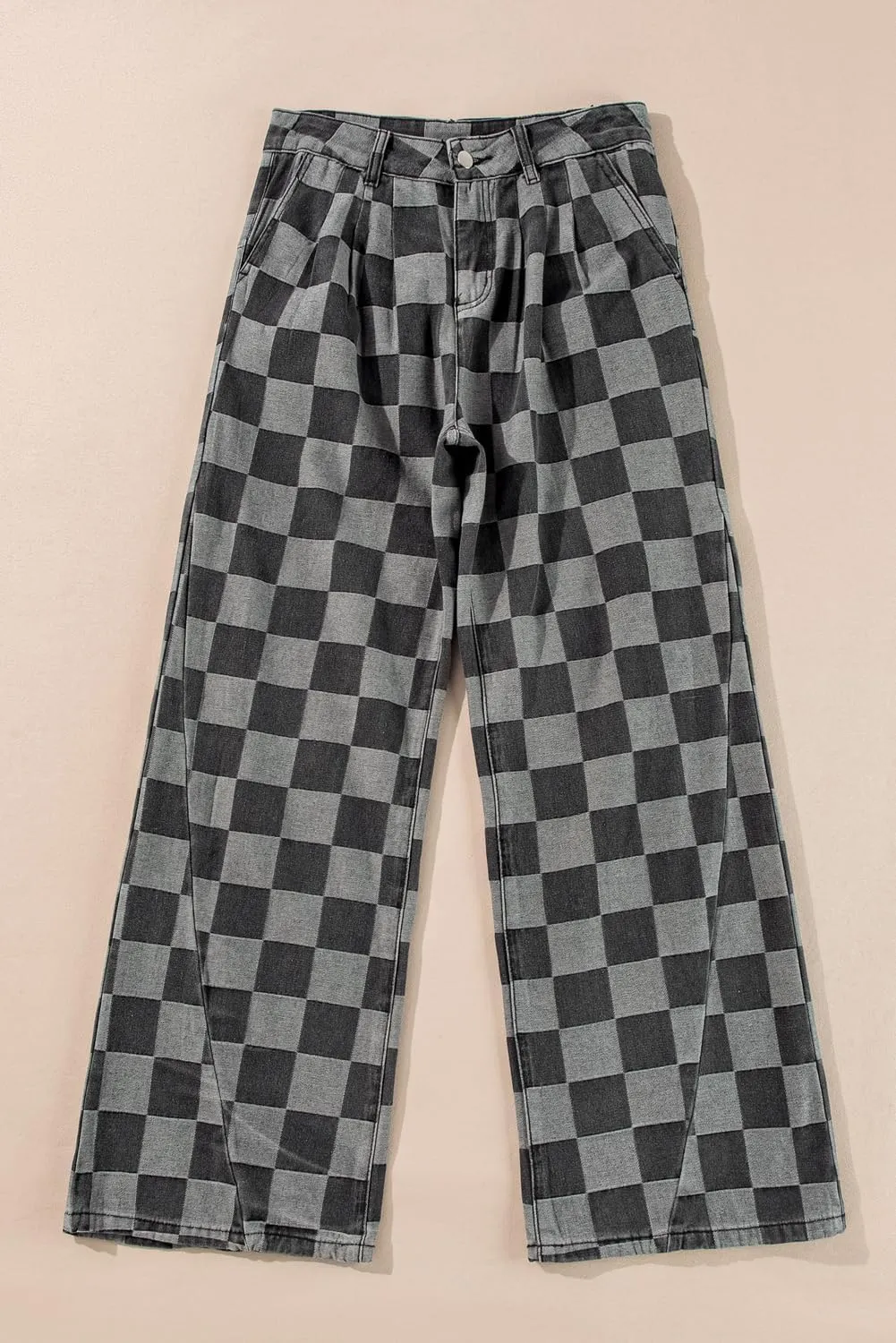 SELINK High Waisted Checkered Jeans for Women Casual Plaid Wide Leg Denim Jeans with Pockets Shift Trendy Daily Jeans