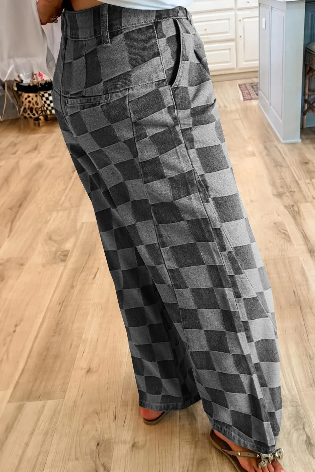 SELINK High Waisted Checkered Jeans for Women Casual Plaid Wide Leg Denim Jeans with Pockets Shift Trendy Daily Jeans
